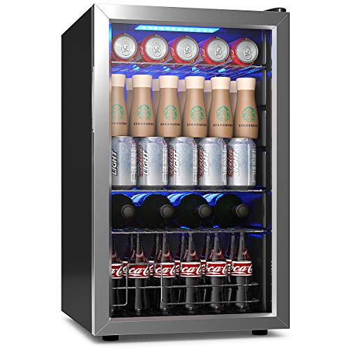 COSTWAY Beverage Refrigerator and Cooler – 76 Cans Capacity Mini Drink Fridge with LED Light, Adjustable Thermostat, Glass Door, Removable Shelves for Soda Beer or Wine, for Office, Bar (2.47 cu ft)