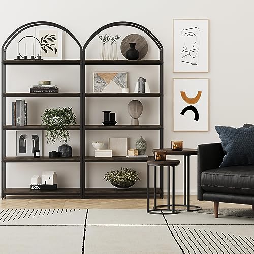 Nathan James Haven Etagere Bookshelf, 5-Shelf Bookcase in Nutmeg Wood and Black Metal Frame with Arch Top and Open Shelves, Nutmeg/Black, Set of 2