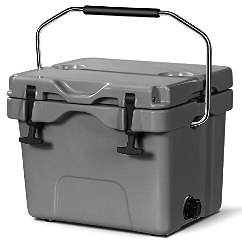 COSTWAY 16 Quart Cooler, 24 Can Insulated Ice Chest Box with Heavy Duty Handle and 2 Cup Holders, 3-5 Days Ice Retention, Portable Leakproof Hard Cooler for Camping, Fishing, Picnic, Outdoor (Grey)