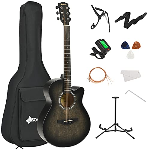 COSTWAY 40" Full Size Acoustic Guitar Kit, 6 String Cutaway Folk Guitarra Bundle with Gig Bag, Tuner, Picks, Strap, Extra Strings, Truss Rod, Capo, Stand, Clean Cloth, for Beginner (Black)