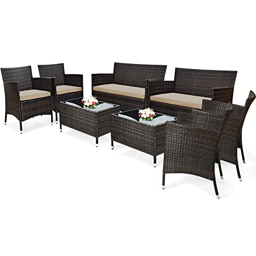 COSTWAY 8PCS Rattan Patio Furniture Set Cushioned Sofa Chair Coffee Table Brown