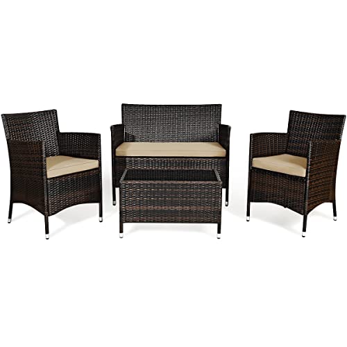 COSTWAY 4PCS Rattan Patio Furniture Set Cushioned Sofa Chair Coffee Table Brown