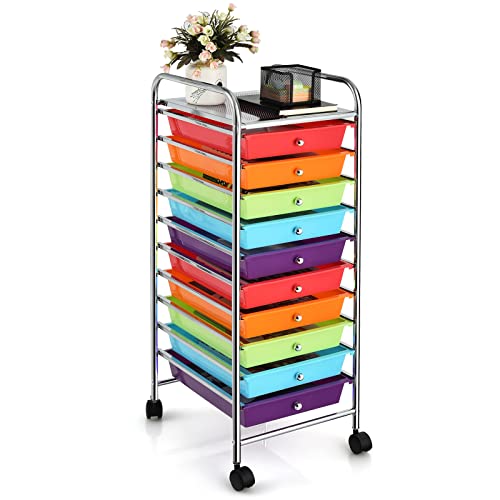 COSTWAY 10-Drawer Rolling Storage Cart, Utility Mobile Trolley with Removable Drawers & Universal Casters & 2 Brakes, Versatile Flexible Drawer Organizer Cart for Home, Office (Multi-colored)