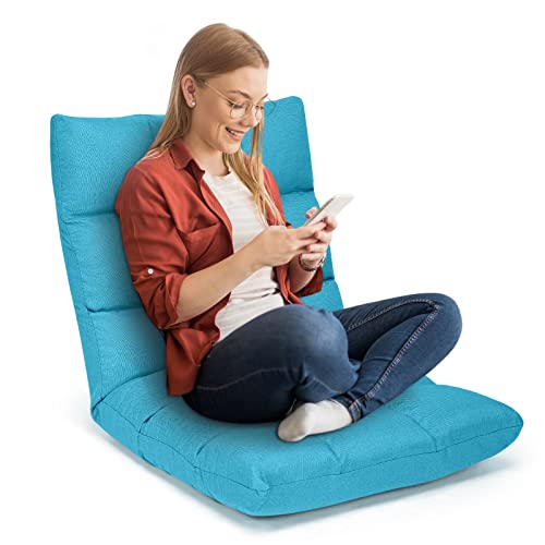 COSTWAY Floor Chair, Folding Gaming Chair with Back Support, 14 Adjustable Positions, Alloy Steel Frame, Lazy Sofa Lounge for Playing Reading Meditating Room Recliner for Adults, Kids (Peacock Blue)