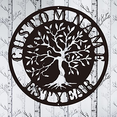 Personalized Tree of Life Metal Wall Art Metal Family Tree Decoration Tree Metal Wall Silhouette Custom Surname Letter Metal Wall Sign Indoor and Outdoor Metal Wall Hangings Wedding Gifts (Design 6)