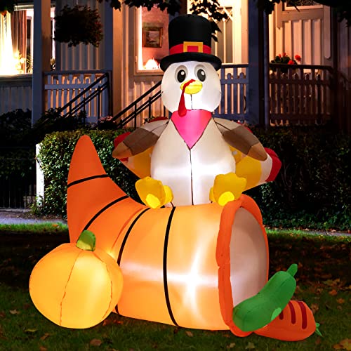 COSTWAY 6 FT Thanksgiving Inflatable Turkey on Cornucopia Harvest Autumn Decor w/Light