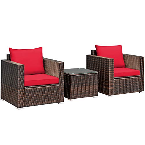 COSTWAY 3PCS Patio Rattan Furniture Set Conversation Sofa Cushioned Garden Red