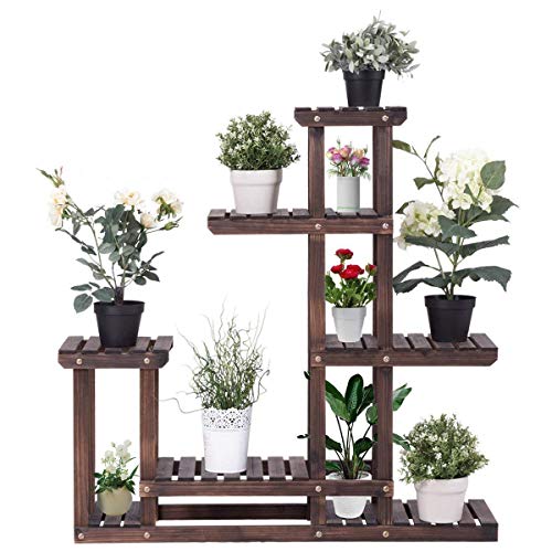 COSTWAY Flower Plant Stand Multi Bonsai Display Shelf Indoor Outdoor Yard Garden Patio Balcony Multifunctional Storage Bookshelf W/Hollow-Out Rack (6 Wood Shelves 10 P, Show