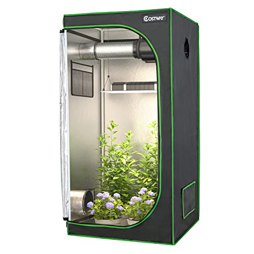 COSTWAY Grow Tent, 32"x32"x63", Indoor Grow Room with Observation Window, Removable Floor Tray, Ventilation Duct Port, 600D Mylar Hydroponic Dark Room for Patio, Garage