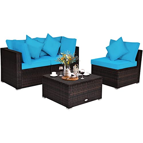 COSTWAY 4PCS Patio Rattan Wicker Furniture Set Cushioned Sofa Ottoman Garden Turquoise