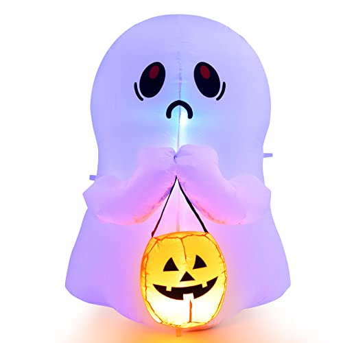 COSTWAY 4FT Halloween Inflatable Ghost Holding Pumpkin Blow up Holiday Decor w/LED Lights