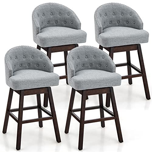 COSTWAY Bar Stools Set of 4, 31ÕÕ Swivel Bar Stools with Rubber Wood Legs & Padded Back, Breathable Linen Fabric, Stylish Tufted Design & Rivet Decoration, Adjustable Foot Pads (4, Grey + Brown)