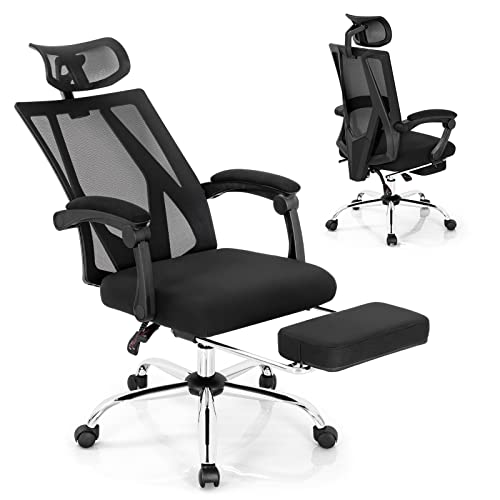 COSTWAY Ergonomic Office Chair with Retractable Footrest, High Back Reclining Executive Chair with Adjustable Headrest and Armrest, 2-Paddle Control, Swivel Computer Desk Chair for Working, Gaming