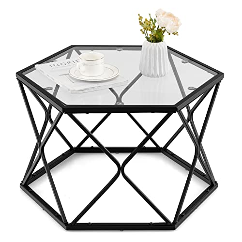 COSTWAY Geometric Glass Coffee Table, Hexagonal Sofa Central Table w/Tempered Glass Top & Metal Frame, Modern Accent End Table for Living Room, Reception Room, Office