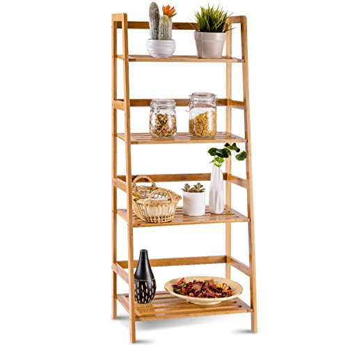 COSTWAY 47.5'' Bamboo Ladder Shelf, Multifunctional Plant Flower Display Stand, Storage Rack, Bookcase Bookshelf Natural (4 Tier)