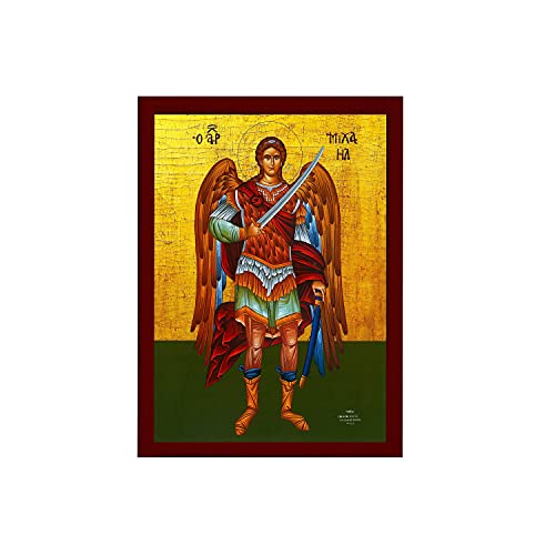 Archangel Michael icon, Handmade Greek Orthodox icon of St Michael, Byzantine art wall hanging on wood plaque religious icon, religious gift