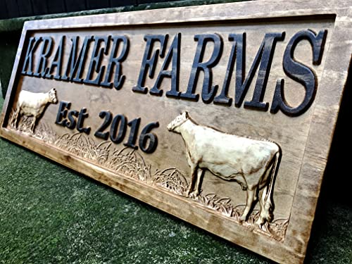 Personalized Farm Sign | Custom Farmhouse Decor | Wooden Farmer Gift | Wood Wall Family Name Sign | Established Cow Sign | Carved Farmhouse Sign | Cattle Decor | Outdoor Farm Sign