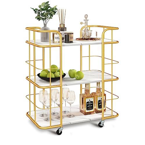 COSTWAY Gold Rolling Bar Cart, 3-Tier Kitchen Utility Cart with Sturdy Steel Frame, Marble-Finish Top & Convenient Handle, Lockable Casters, Metal Serving Cart for Kitchen, Bar, Club, Restaurant (1)