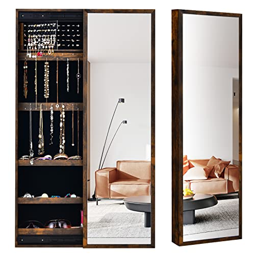 COSTWAY Mirror Jewelry Cabinet Wall Mounted, 47-Inch Large Storage Jewelry Box Organize with Full-Length Mirror, Single Door Sliding Jewelry Armoire for Living Room Bedroom (Rustic Brown)