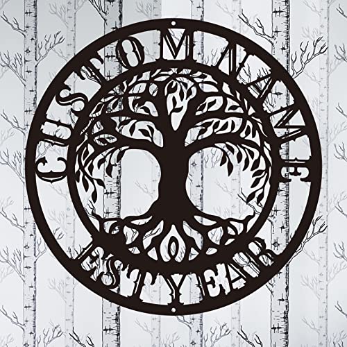 Personalized Tree of Life Metal Wall Art Metal Family Tree Decoration Tree Metal Wall Silhouette Custom Surname Letter Metal Wall Sign Indoor and Outdoor Metal Wall Hangings Wedding Gifts (Design 4)