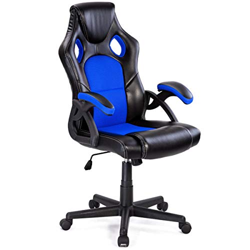 COSTWAY Gaming Racing Style High Back Ergonomic PU Leather Office Executive Modern Adjustable Computer Desk Swivel Task Chair with Bucket Seat, Blue+black