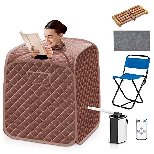 COSTWAY Portable Steam Sauna, 3L Foldable Sauna Spa with Remote Control, 9-Gear Temperature and Timer, Atomization Function, Personal Sauna Tent for Weight Loss, Detox Relaxation at Home (Coffee)