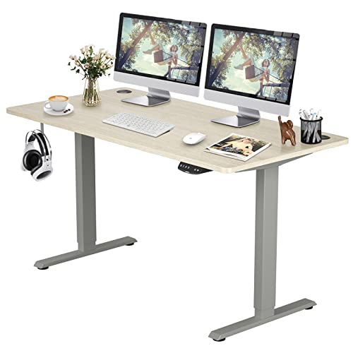 COSTWAY Dual Motor Electric Stand Up Desk, Height Adjustable Standing Desk w/Solid One-Piece Desktop & Memory Controller, Home Office Sit-to-Stand Computer Workstation (Gray + Natural, 55''X28'')