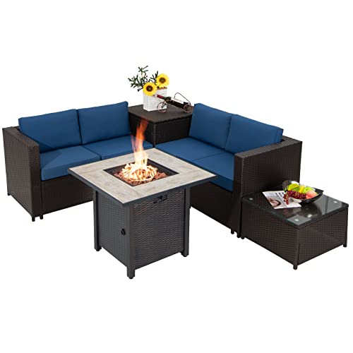 COSTWAY 5 PCS Patio Rattan Furniture Set 30" Fire Pit Table W/Cover Cushion Navy