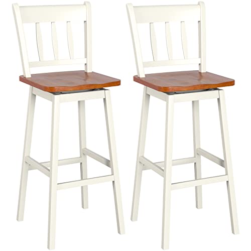 COSTWAY Bar Stools Set of 2, 30.5 Inch Solid Rubber Wood Bar Chairs with 360 ¡Swiveling, Footrest, Swivel Pub Height Barstools with Back Ideal for Kitchen Island, Counter, Pub(Set of 2, White)