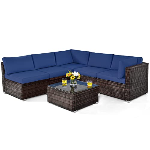 COSTWAY 6PCS Patio Rattan Furniture Set Cushioned Sofa Coffee Table Navy