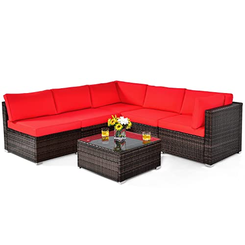 COSTWAY 6PCS Patio Rattan Furniture Set Cushioned Sofa Coffee Table Red