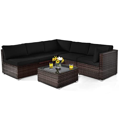 COSTWAY 6PCS Patio Rattan Furniture Set Cushioned Sofa Coffee Table Black