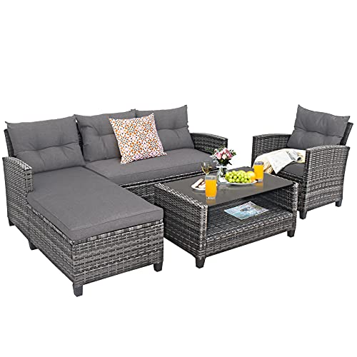 COSTWAY 4PCS Patio Rattan Furniture Set Sofa Ottoman Cushion Garden Deck Grey