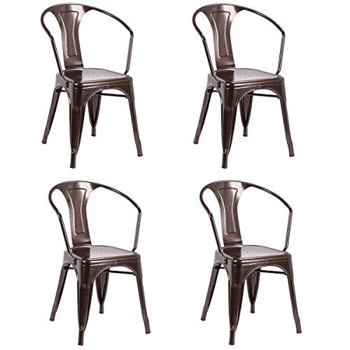 COSTWAY Tolix Style Dining Chairs Industrial Metal Stackable Cafe Chairs w/Curve Armrest Set of 4 (Copper)