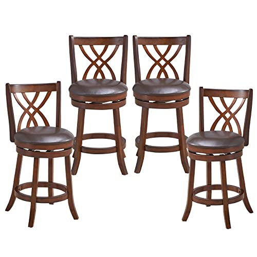 COSTWAY Bar Stools Set of 4, 360¡ Swivel Chairs with Rubber Wood Frame, 26 in PU Leather Cushioned Seat and Footrests, for Kitchen Island, Dining Room, Bar (Brown-26 inches, 4 stools)