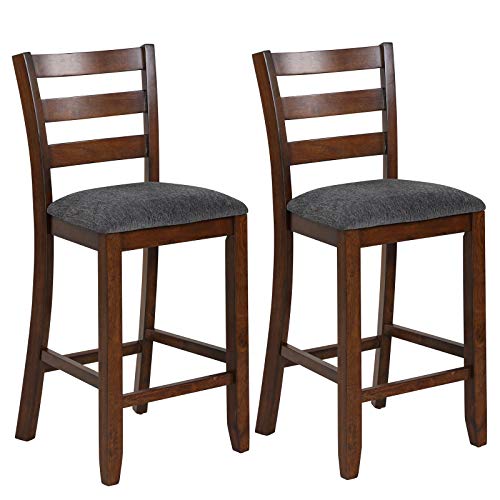 COSTWAY Set of 2 Counter Height Bar Stool, 25.5-Inch Upholstered Bar Stools with Solid Rubber Wood Frame, Foam-Padded Cushion, Footrest, Kitchen Chair for Bistro, Living Room, Grey and Brown