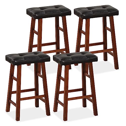 COSTWAY Saddle Stools Set of 4, 29-inch Counter Height Vintage Bar Stools with Solid Wood Legs & Footrests, Modern Backless Design Indoor Bar Chair for Kitchen, Dining, Pub, Bistro, Black+Brown