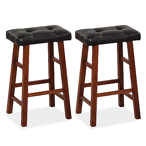 COSTWAY Saddle Stools Set of 2, 29-inch Counter Height Vintage Bar Stools with Solid Wood Legs & Footrests, Modern Backless Design Indoor Bar Chair for Kitchen, Dining, Pub, Bistro, Black+Brown