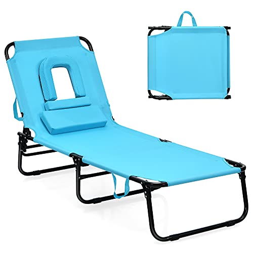 COSTWAY Folding Chaise Lounge Chair Bed Adjustable Patio Beach Camping Recliner Navy