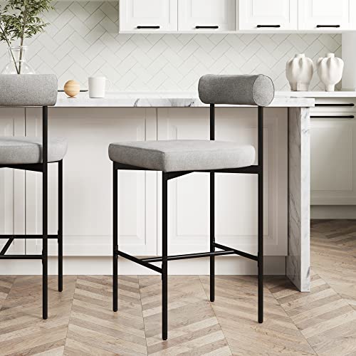 Nathan James Dahlia Counter Height Chair, Modern Barstool with Back, Mid-Century Metal Legs and Padded Cushion for Kitchen, Island and Bars, Light Grey/Black