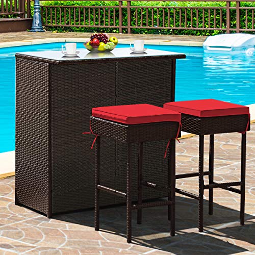 COSTWAY 3PCS Patio Rattan Wicker Bar Table Stools Dining Set Cushioned Chairs Garden Red