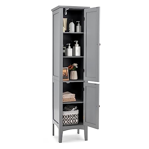 COSTWAY Tall Bathroom Storage Cabinet, 5-Tier Freestanding Linen Tower Cabinet with 2 Doors, Wooden Side Storage Organizer, Narrow Slim Floor Cabinet for Bathroom, Living Room, Kitchen (Grey)