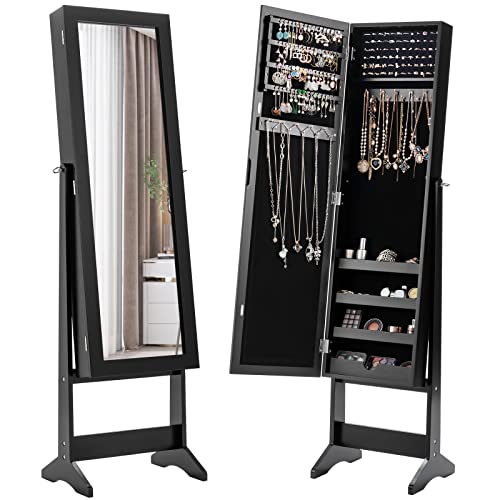 COSTWAY Jewelry Armoire Cabinet, Standing Jewelry Organizer with Full-length Mirror & 3 Adjustable Angles, Large Storage Capacity Jewelry Cabinet for Bedroom, Dressing Room (Black)