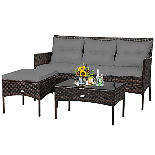 COSTWAY 3PCS Patio Rattan Furniture Set 3-Seat Sofa Cushioned Table Garden Gray