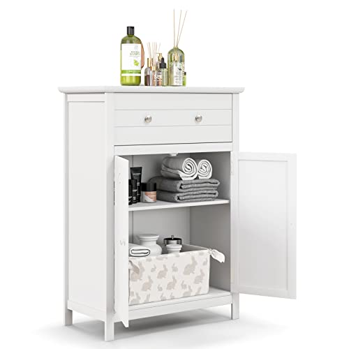 COSTWAY Bathroom Floor Cabinet, Wooden Side Storage Organizer w/Larger Drawer, Adjustable Shelf & 2-Door Cupboard, Freestanding Storage Cabinet for Living Room, Kitchen, Entryway (White)