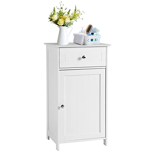 COSTWAY Bathroom Storage Cabinet, Wooden Freestanding Storage Organizer with Deep Drawers & Adjustable Shelf, Single Door Floor Cabinet for Living Room, Bathroom, Kitchen, Entryway, White