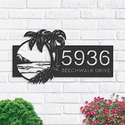 Personalized Island Beach Scene Palm Tree Address Sign House Number Plaque Metal Wall Art 8x8 inches Black Power Coated Home Outdoor Decor Housewarming Gifts