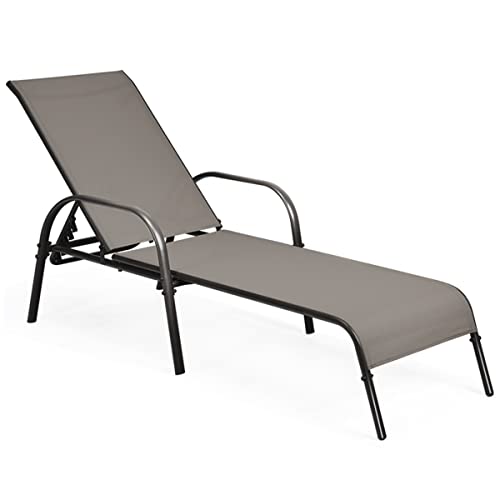 COSTWAY Outdoor Patio Lounge Chair Chaise Fabric Adjustable Reclining Armrest Pool Brown