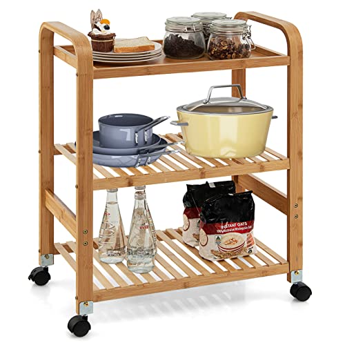 COSTWAY 3-Tier Bamboo Rolling Cart, Kitchen Utility Serving Trolley with Locking Casters, Sided Handles, Multifunctional 3-Tier Storage Rack, Mobile End Table, Kitchen Island Stand Shelf on Wheels