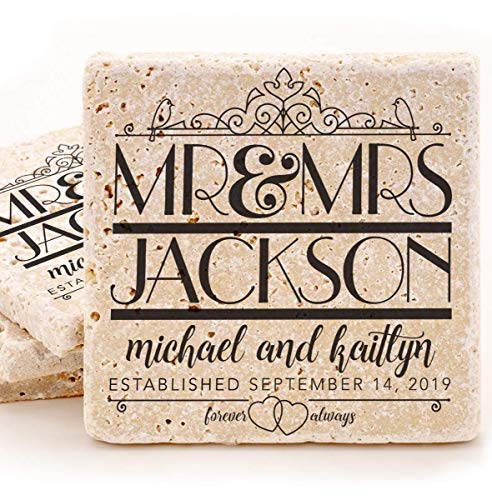 Stone Personalized Coasters Set of 4 - Great Wedding Give Aways, Custom Coaster with Couples Name and Special Date, Stone Cork for Drinks, Unique Housewarming Gift, Set of 4 (4"x4")